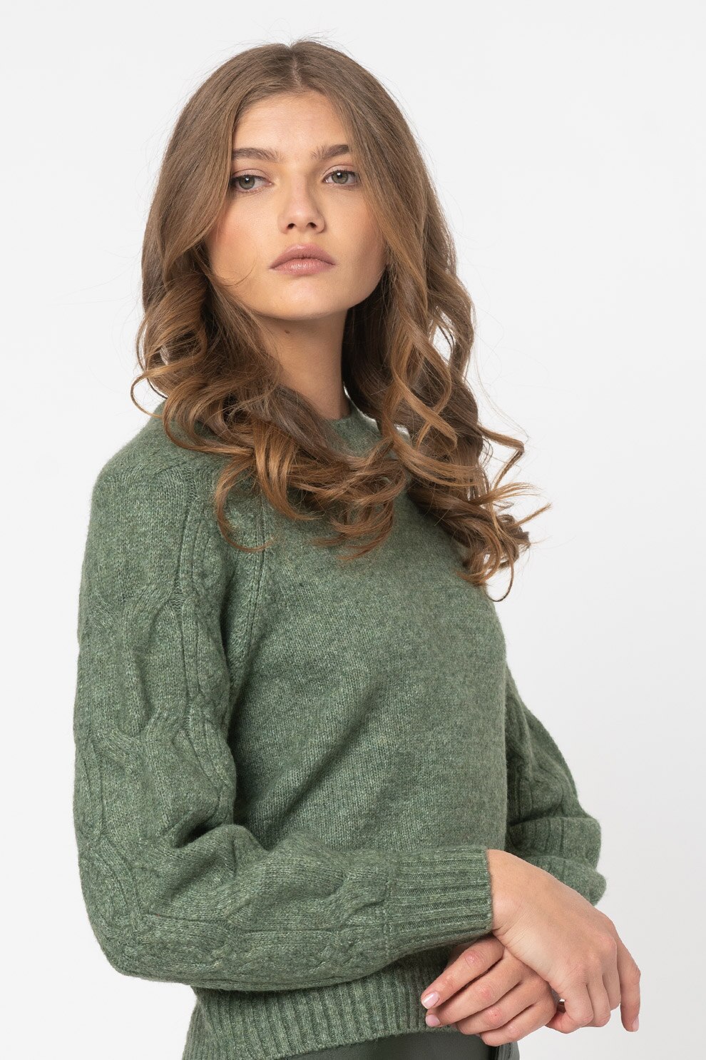 Vero Moda, Pulover cu decolteu la baza gatului si model torsade pe maneci Ella, Verde sparanghel