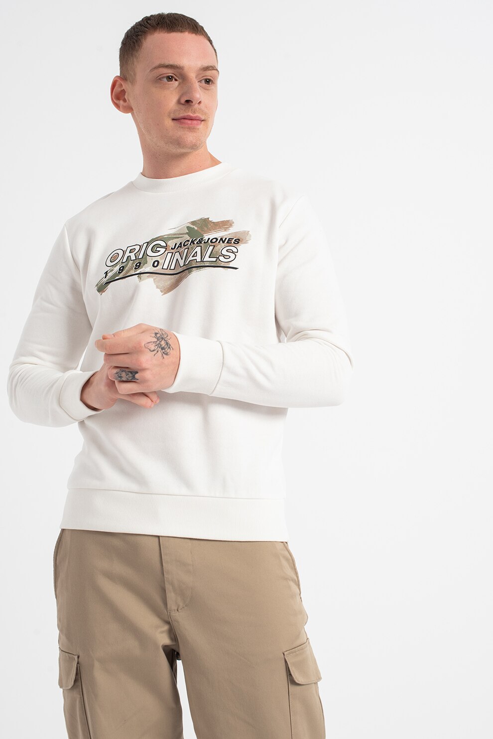 Jack&Jones, Bluza sport cu decolteu la baza gatului si imprimeu logo Brad, Crem