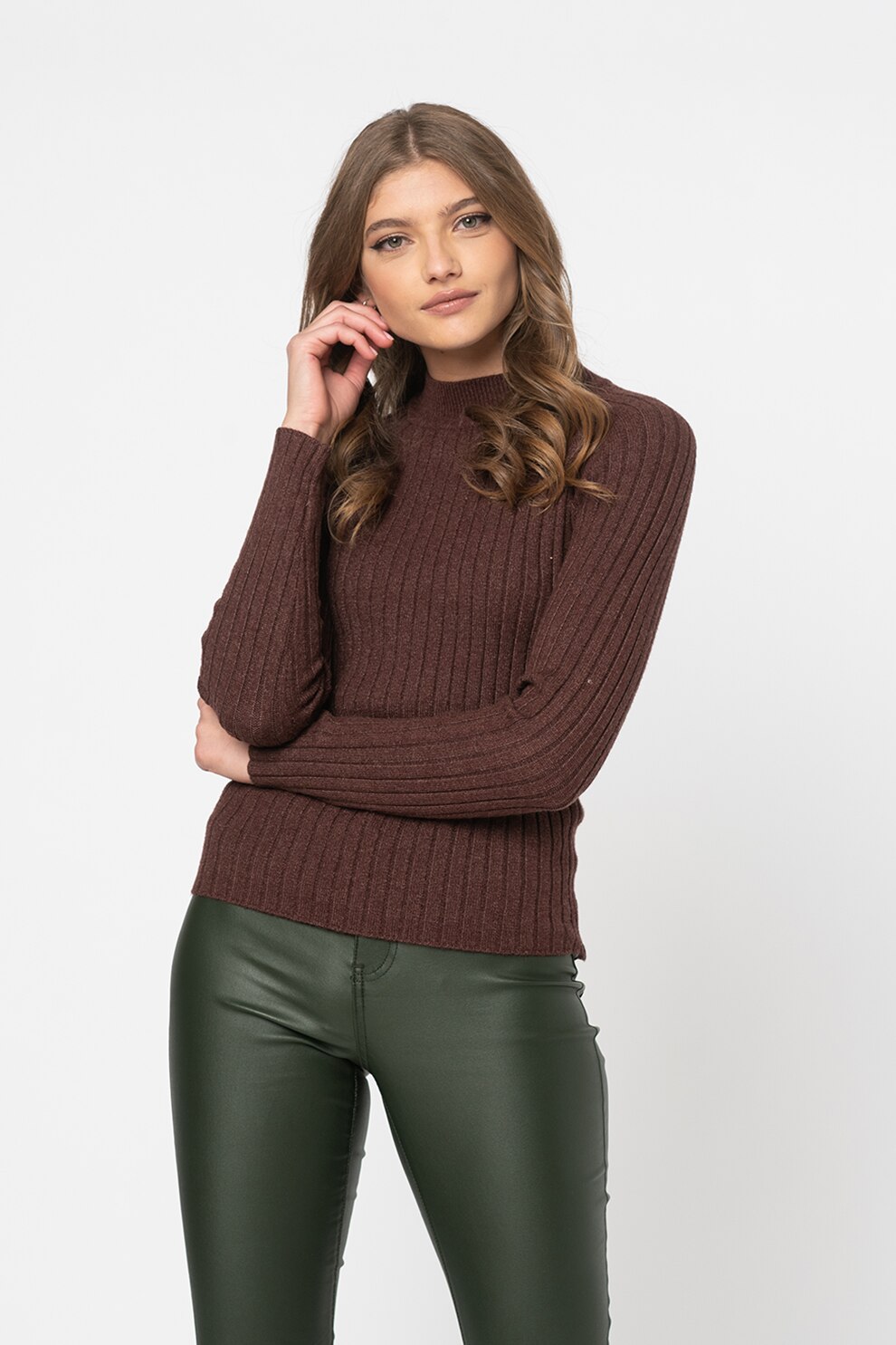 JdY, Pulover cu maneci raglan si aspect striat Magda, Maro inchis melange