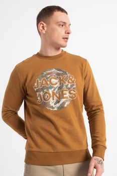 Jack&Jones, Bluza sport cu decolteu la baza gatului si imprimeu logo Brad, Ocru Jack&Jones, Bluza sport cu decolteu la baza gatului si imprimeu logo Brad, Ocru
