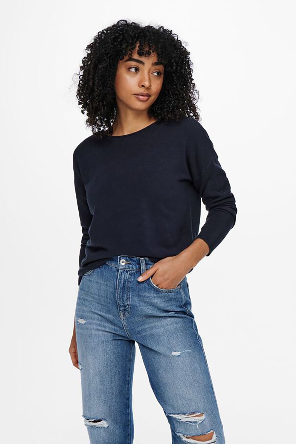 Only, Pulover cu decolteu in V pe partea din spate si aplicatie de dantela, Bleumarin inchis