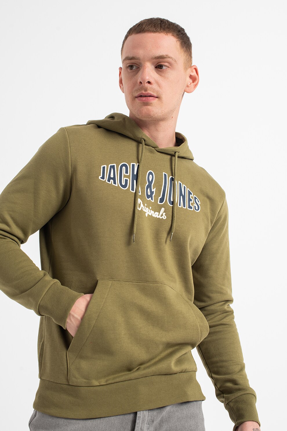 Jack&Jones, Hanorac cu imprimeu logo si buzunar kangaroo Olive, Verde sparanghel