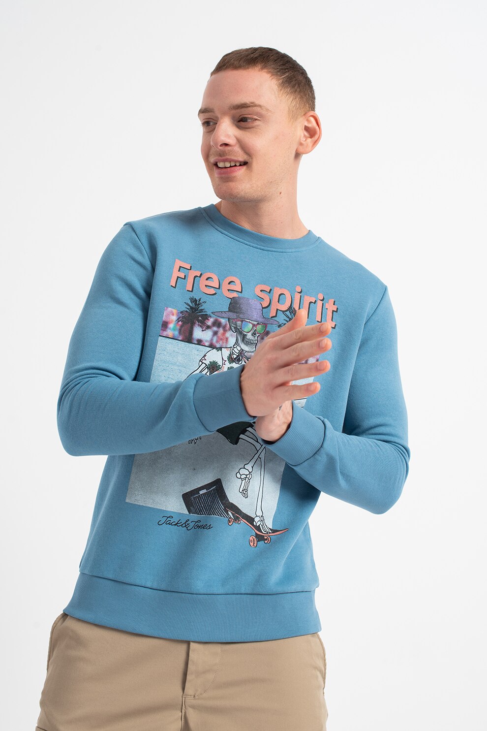 Jack&Jones, Bluza sport din amestec de bumbac cu imprimeu Wish, Albastru azur