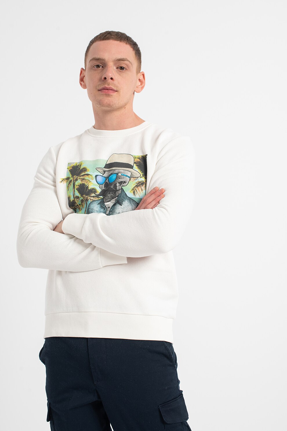 Jack&Jones, Bluza sport din amestec de bumbac cu imprimeu Wish, Alb