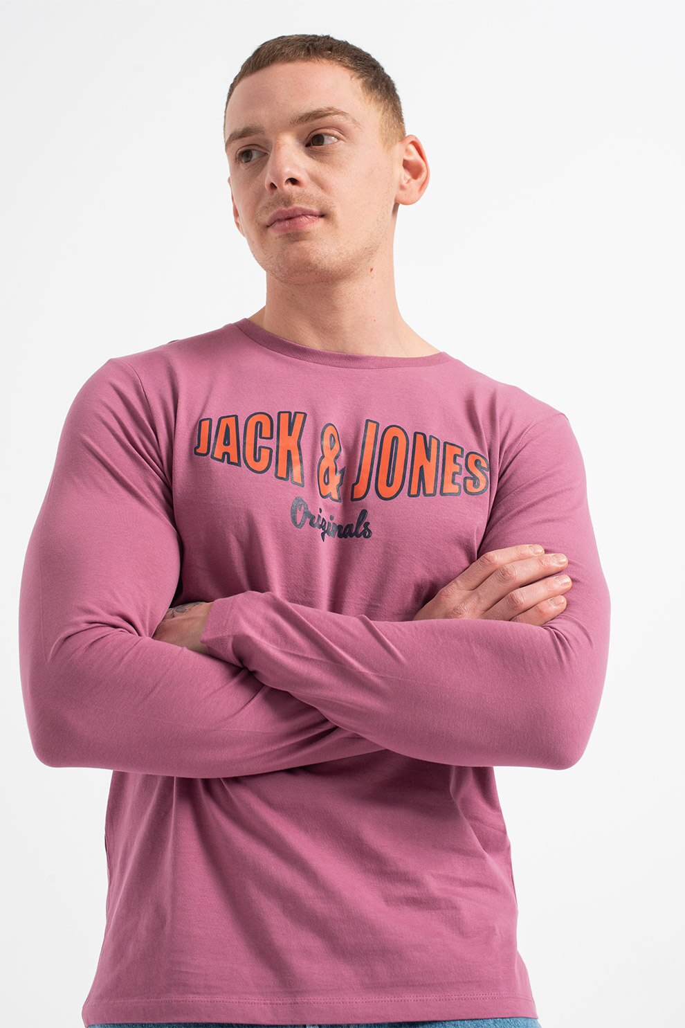 Jack&Jones, Bluza regular fit cu imprimeu logo Olive, Roz orhidee