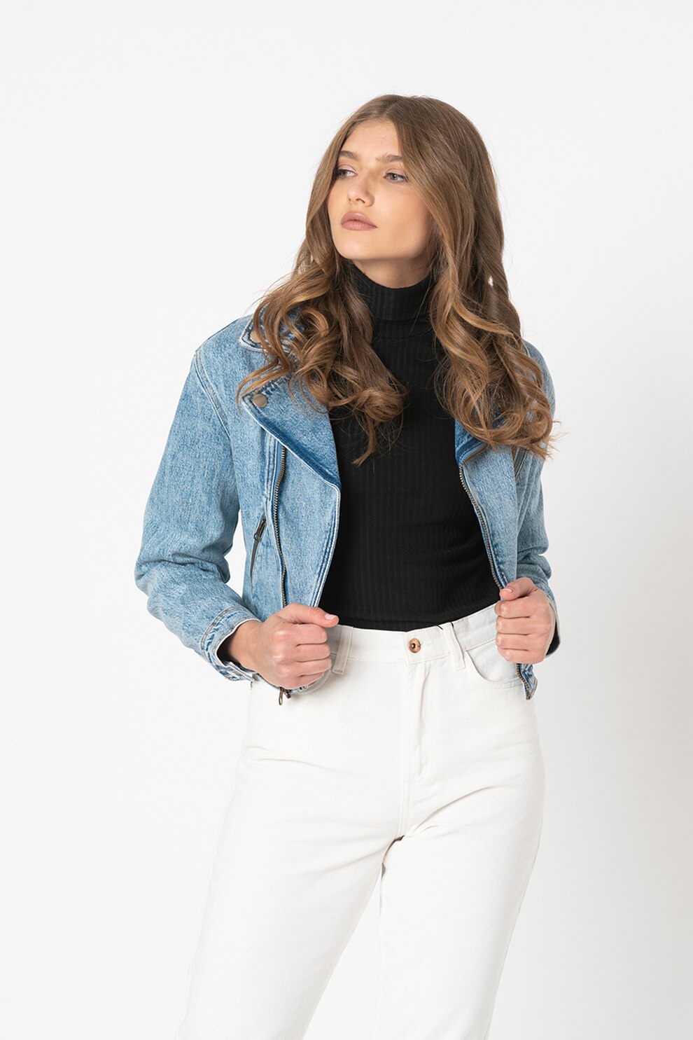 Only, Jacheta biker crop de denim Teffie, Albastru deschis