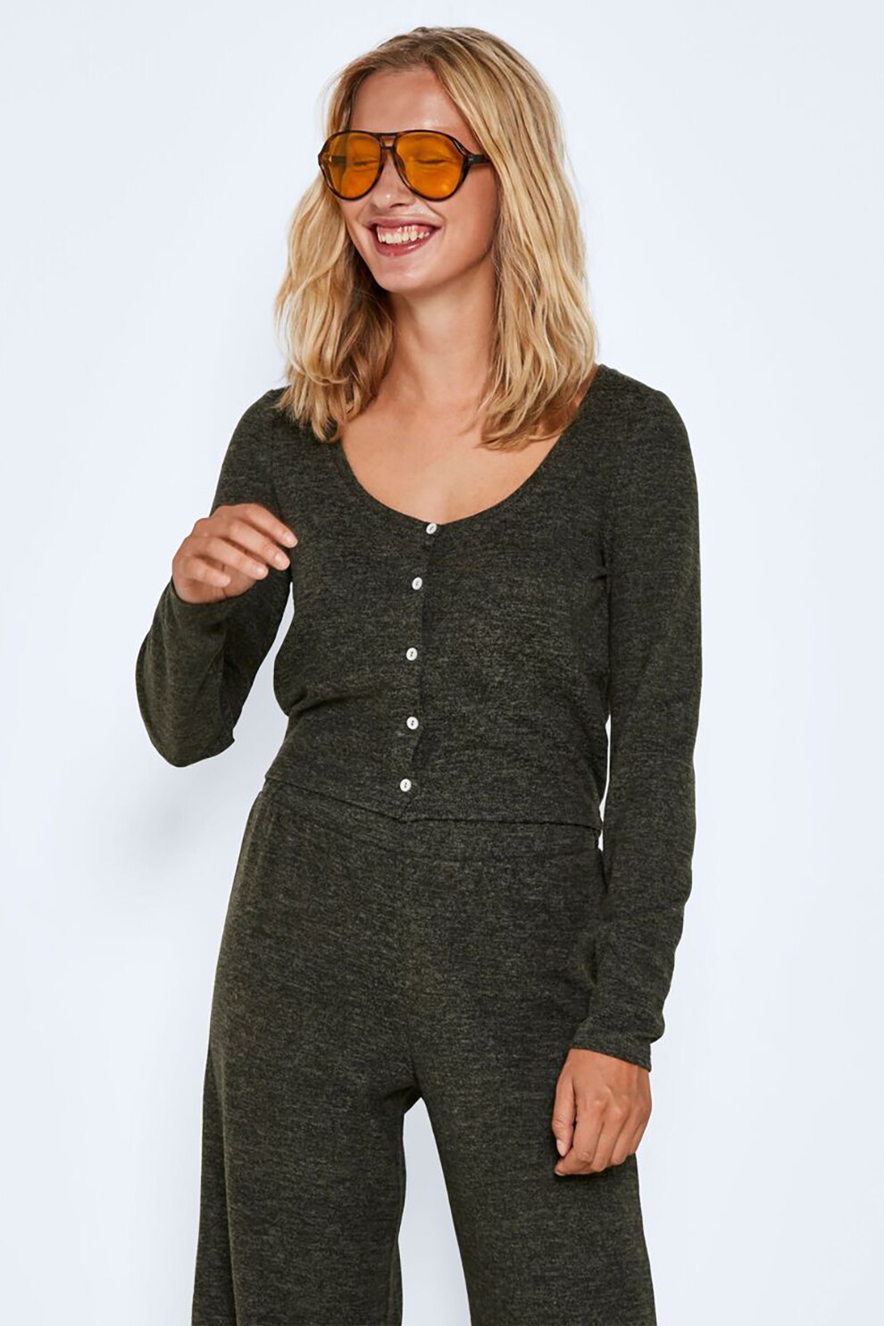 Noisy May, Cardigan crop cu nasturi, Verde militar