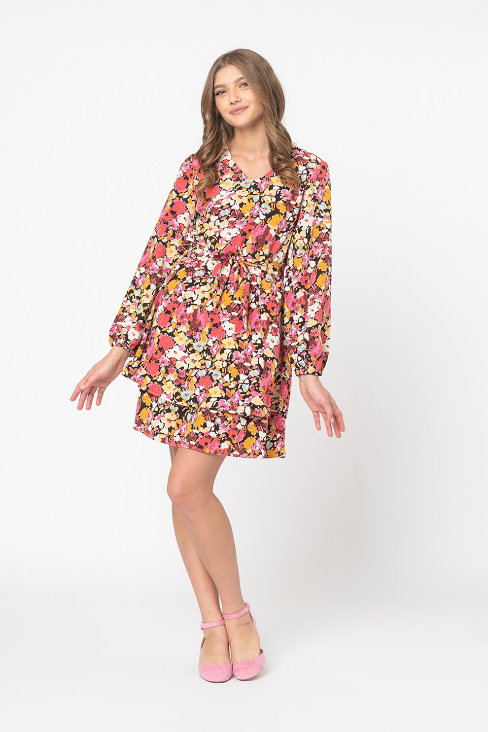 Only, Rochie cu imprimeu floral Ella, Roz aprins/Negru/Galben pal