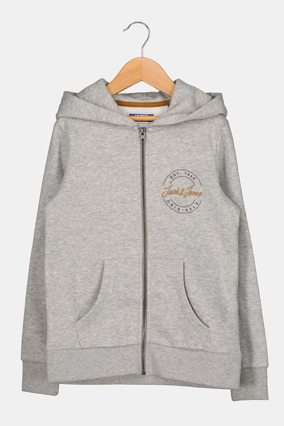 Jack&Jones, Hanorac cu fermoar si buzunare frontale, Gri deschis melange