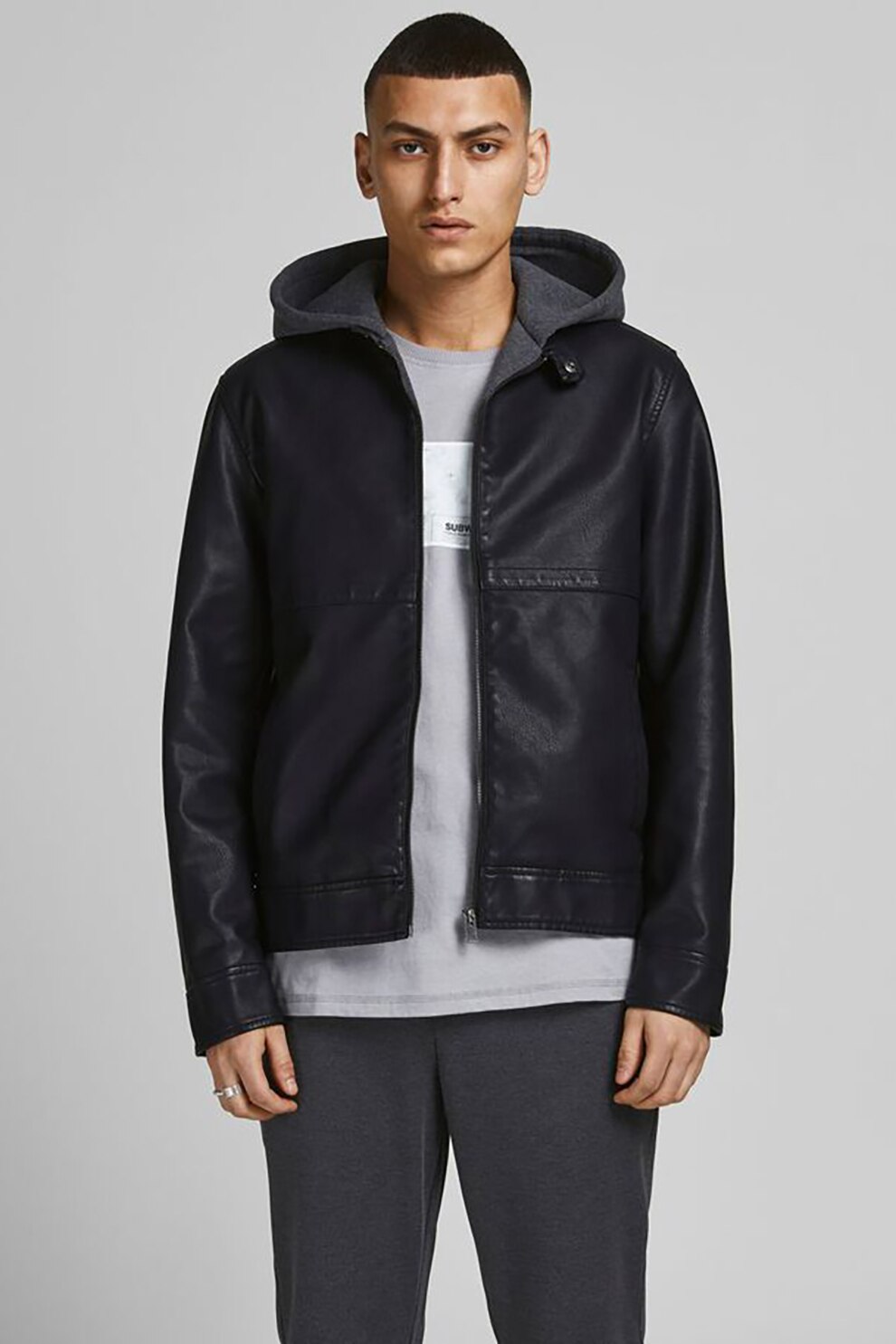 Jack&Jones, Jacheta de piele ecologica cu gluga, Negru