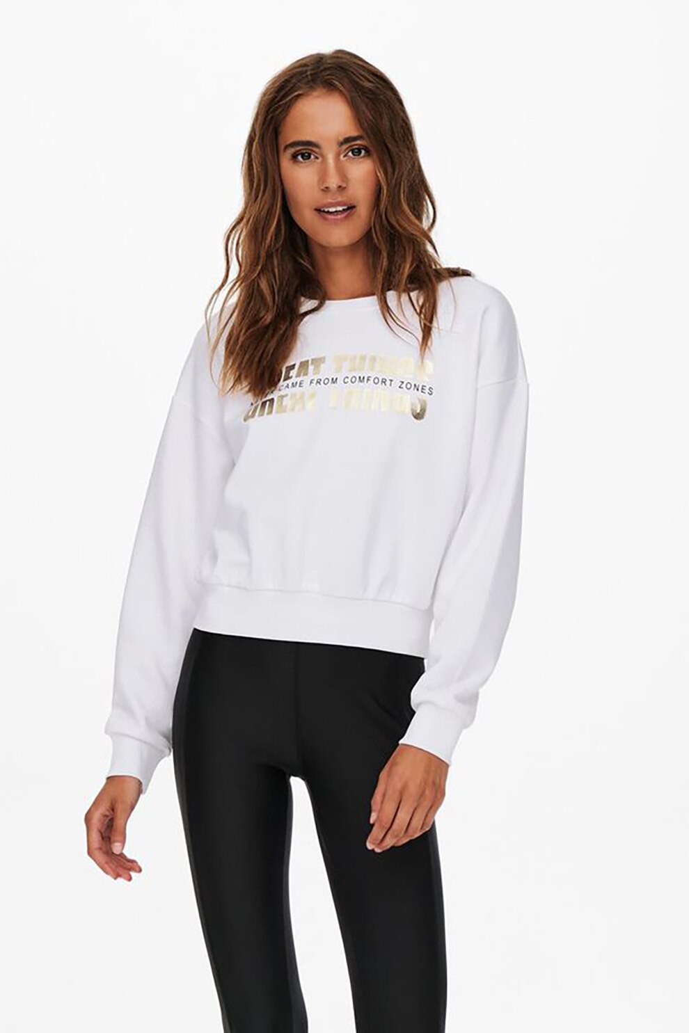 Only, Bluza sport cu imprimeu si maneci cazute, Alb