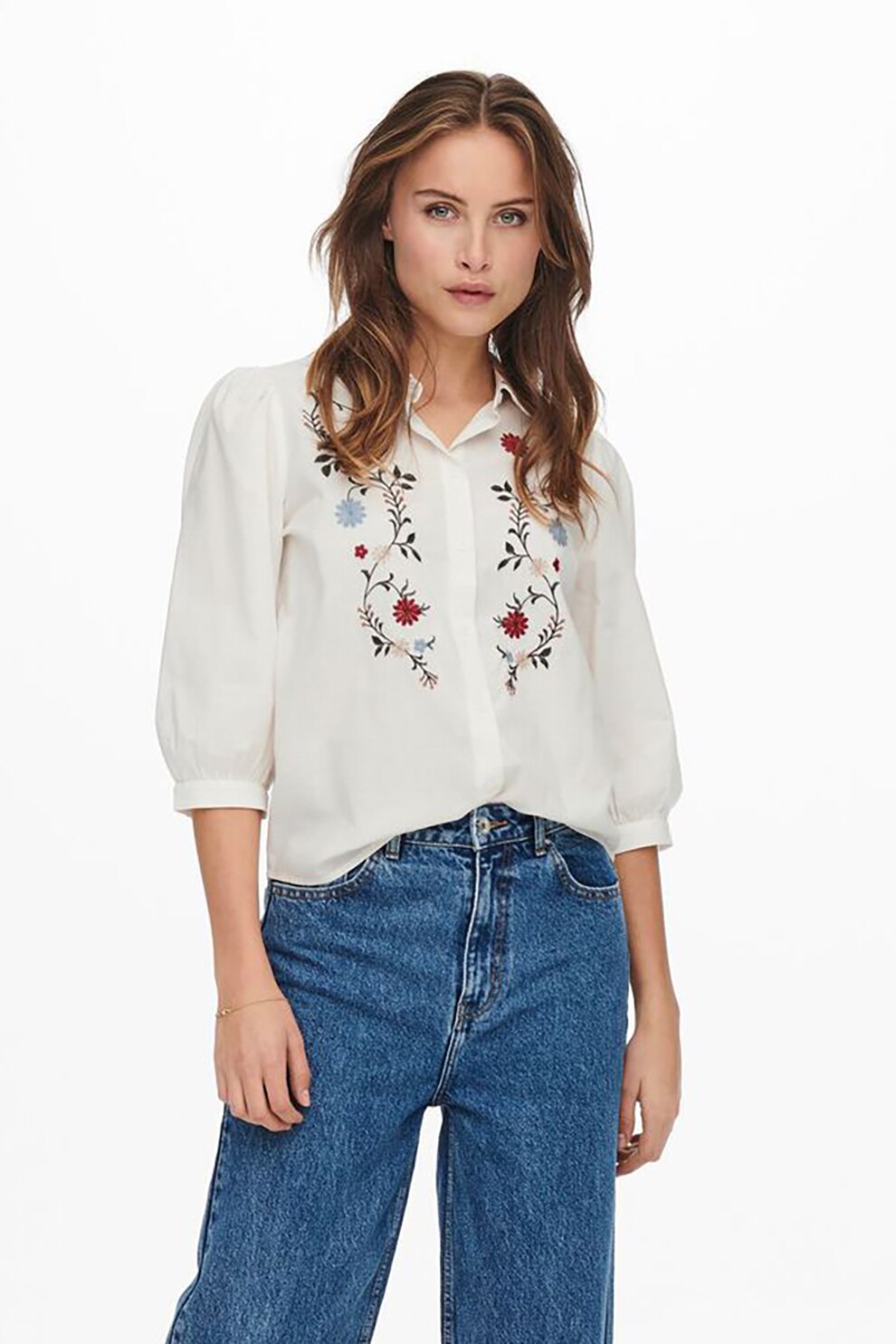 JdY, Camasa cu maneci 3/4 si broderii florale, Alb, L