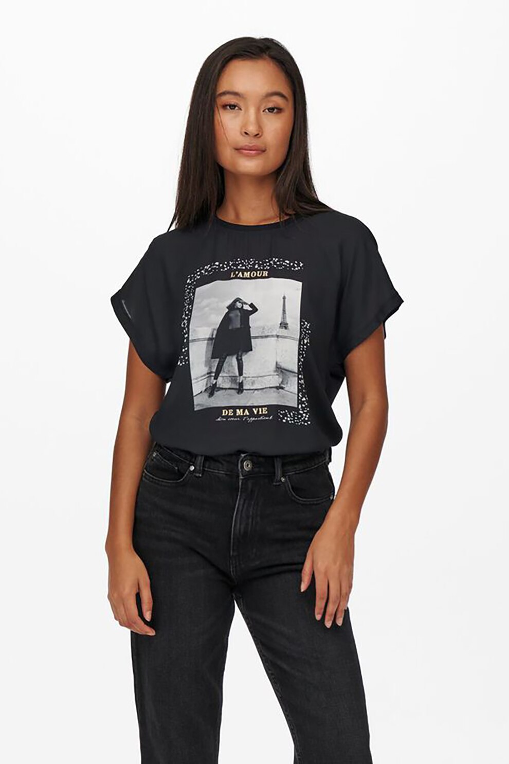 Only, Tricou cu decolteu la baza gatului si imprimeu, Gri inchis/Alb/Gri deschis