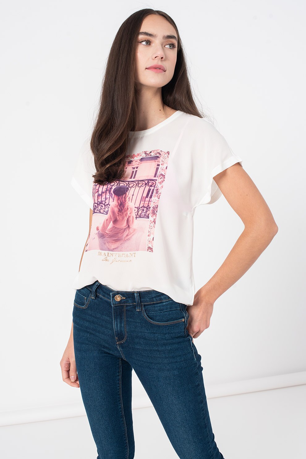 Only, Tricou cu decolteu la baza gatului si imprimeu, Alb/Roz