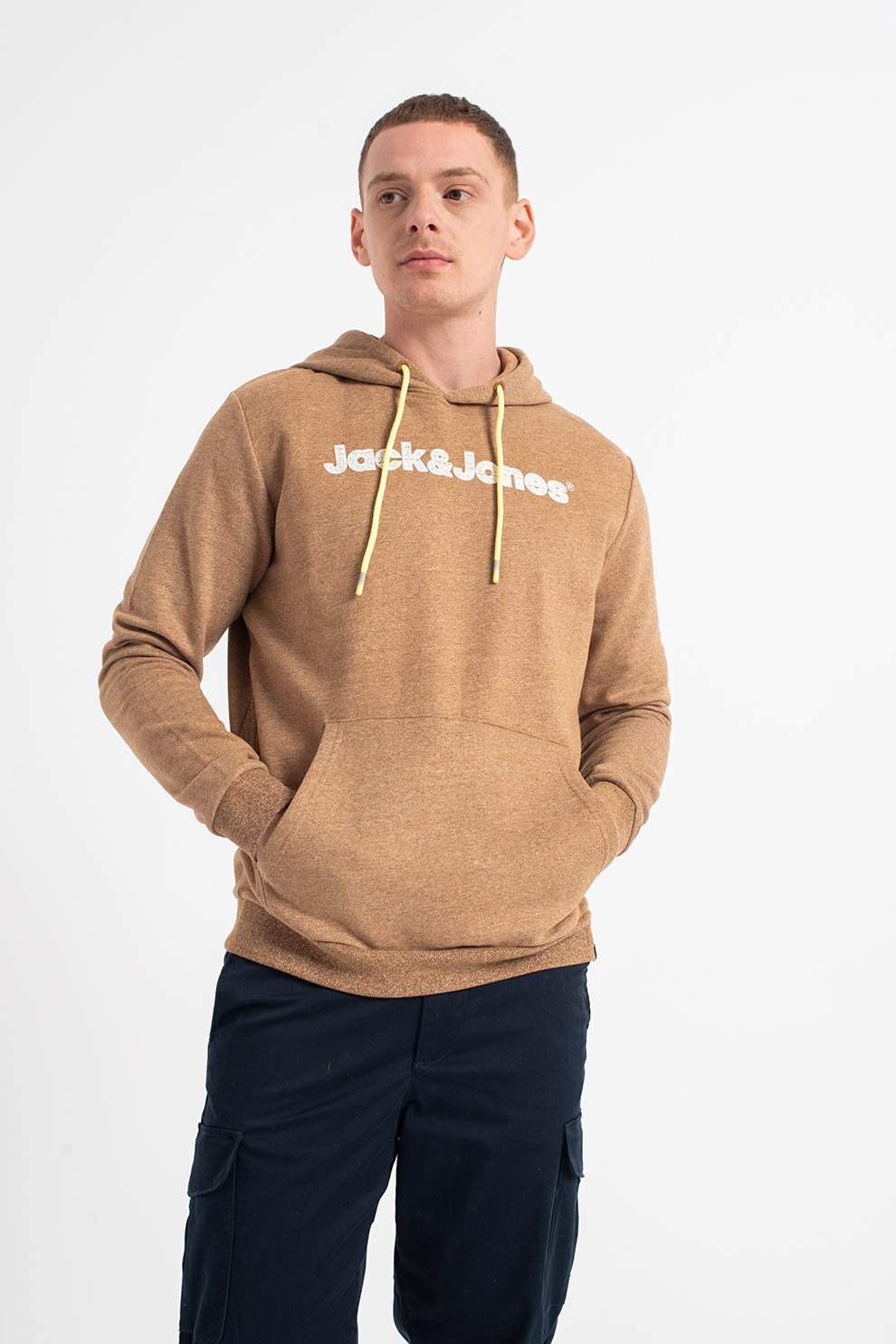Jack&Jones, Hanorac cu imprimeu logo si buzunar kangaroo Jaxons, Maro camel