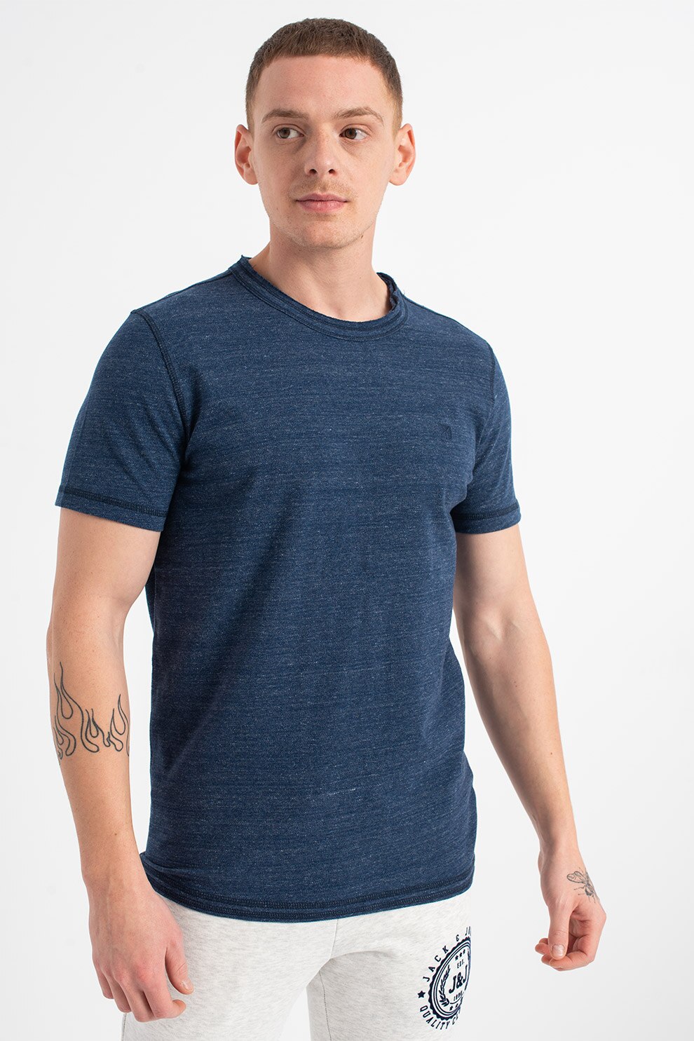 Jack&Jones, Tricou de bumbac cu decolteu la baza gatului Kevin, Albastru melange
