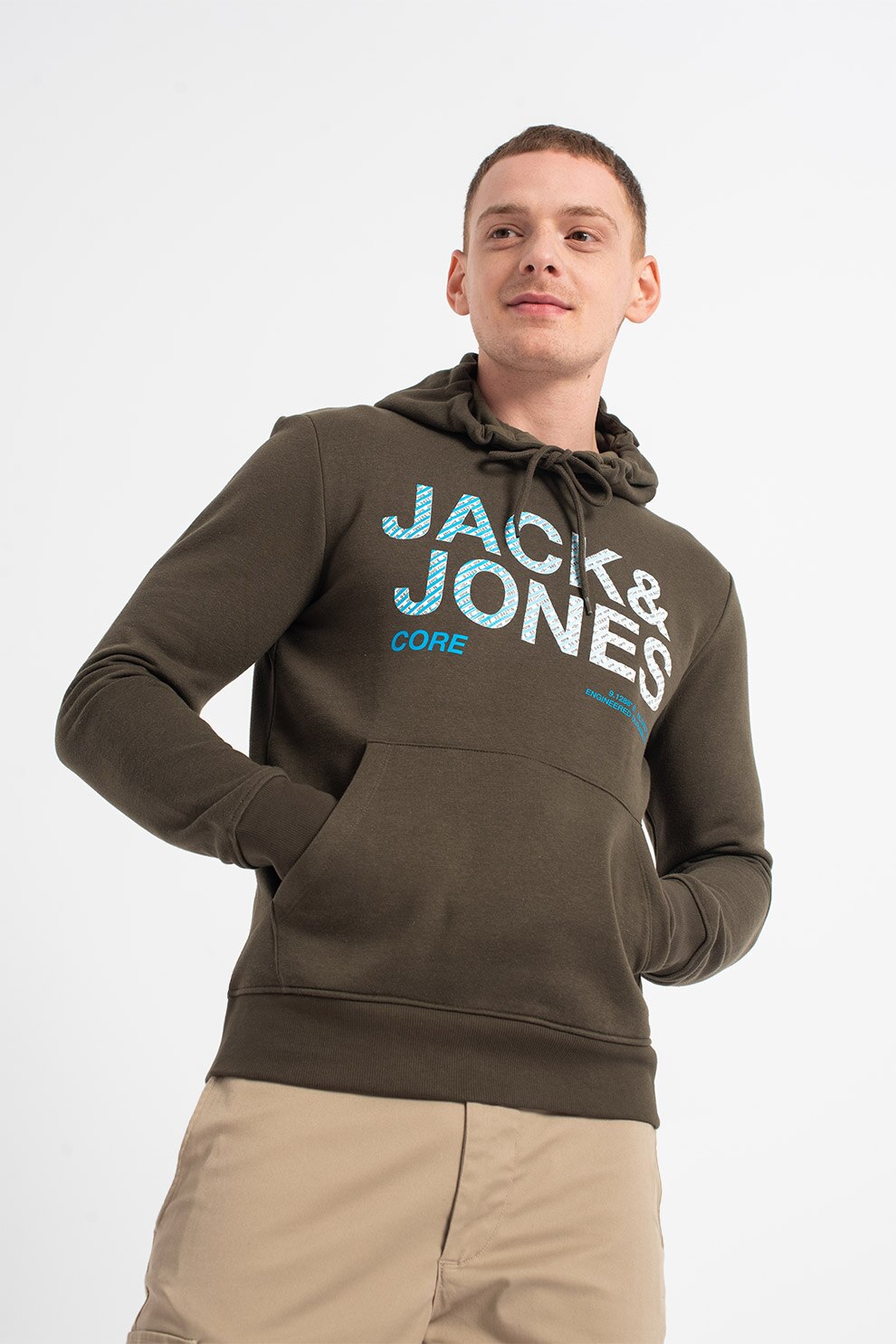 Jack&Jones, Hanorac cu imprimeu logo si buzunar kangaroo Poky, Verde militar