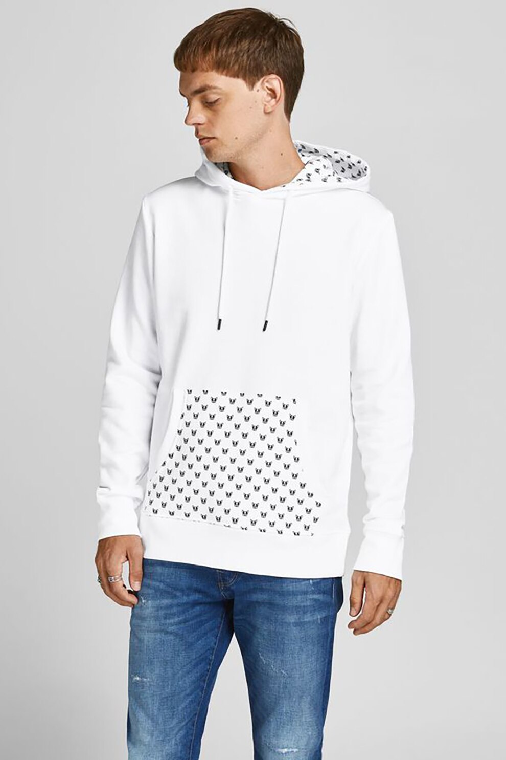 Jack&Jones, Hanorac cu imprimeu traditional, Alb optic