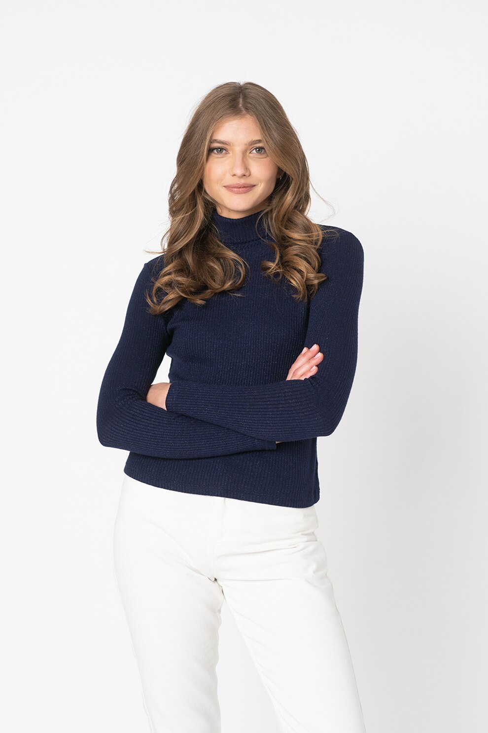 Only, Bluza striata cu guler inalt si insertii stralucitoare Luxi, Bleumarin inchis