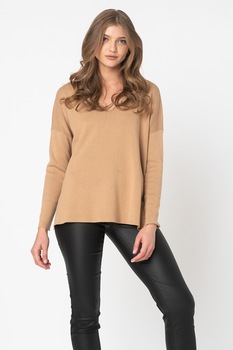 Only, Pulover tricotat fin cu decolteu in V Augusta, Maro camel Only, Pulover tricotat fin cu decolteu in V Augusta, Maro camel