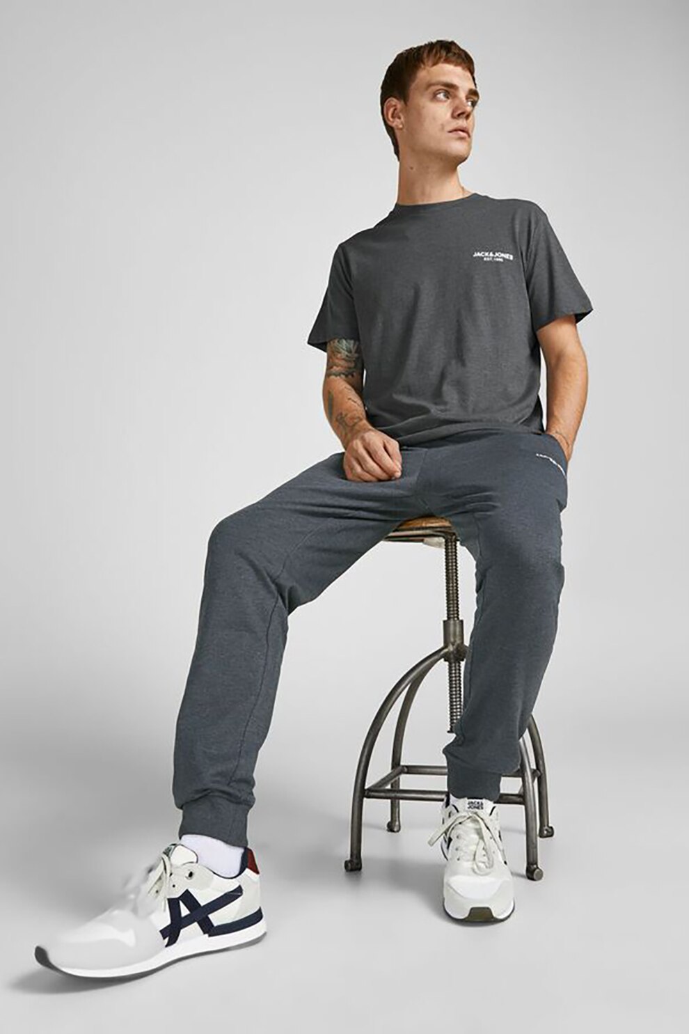 Jack&Jones, Tricou de bumbac cu imprimeu logo, Gri inchis melange