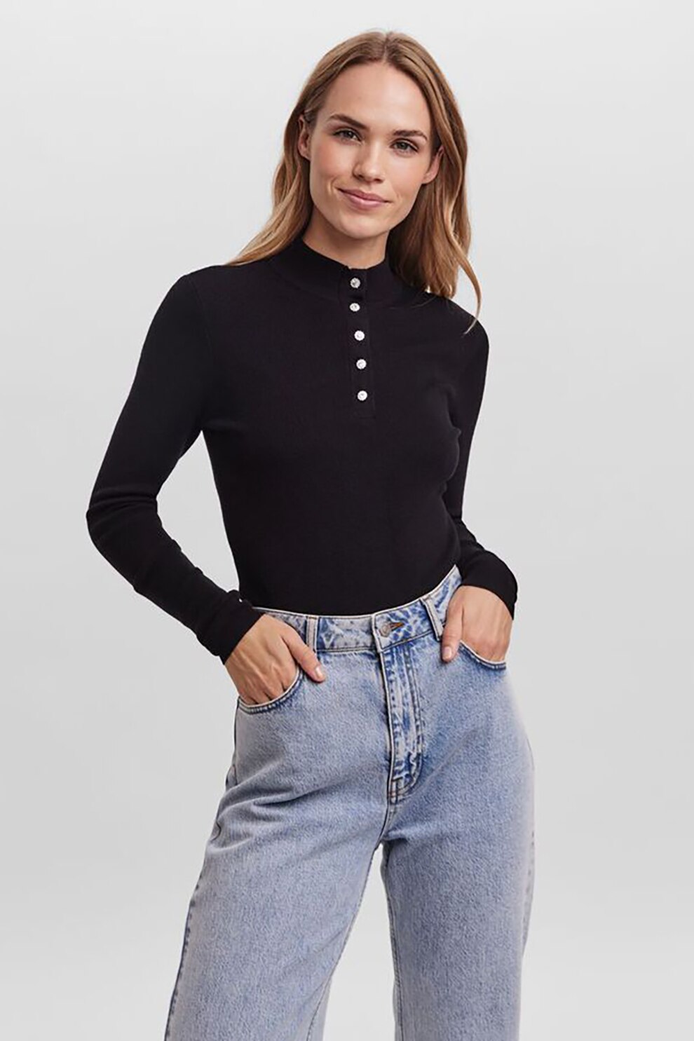 Vero Moda, Pulover cu striatii si fenta cu nasturi si strasuri Marco, Negru