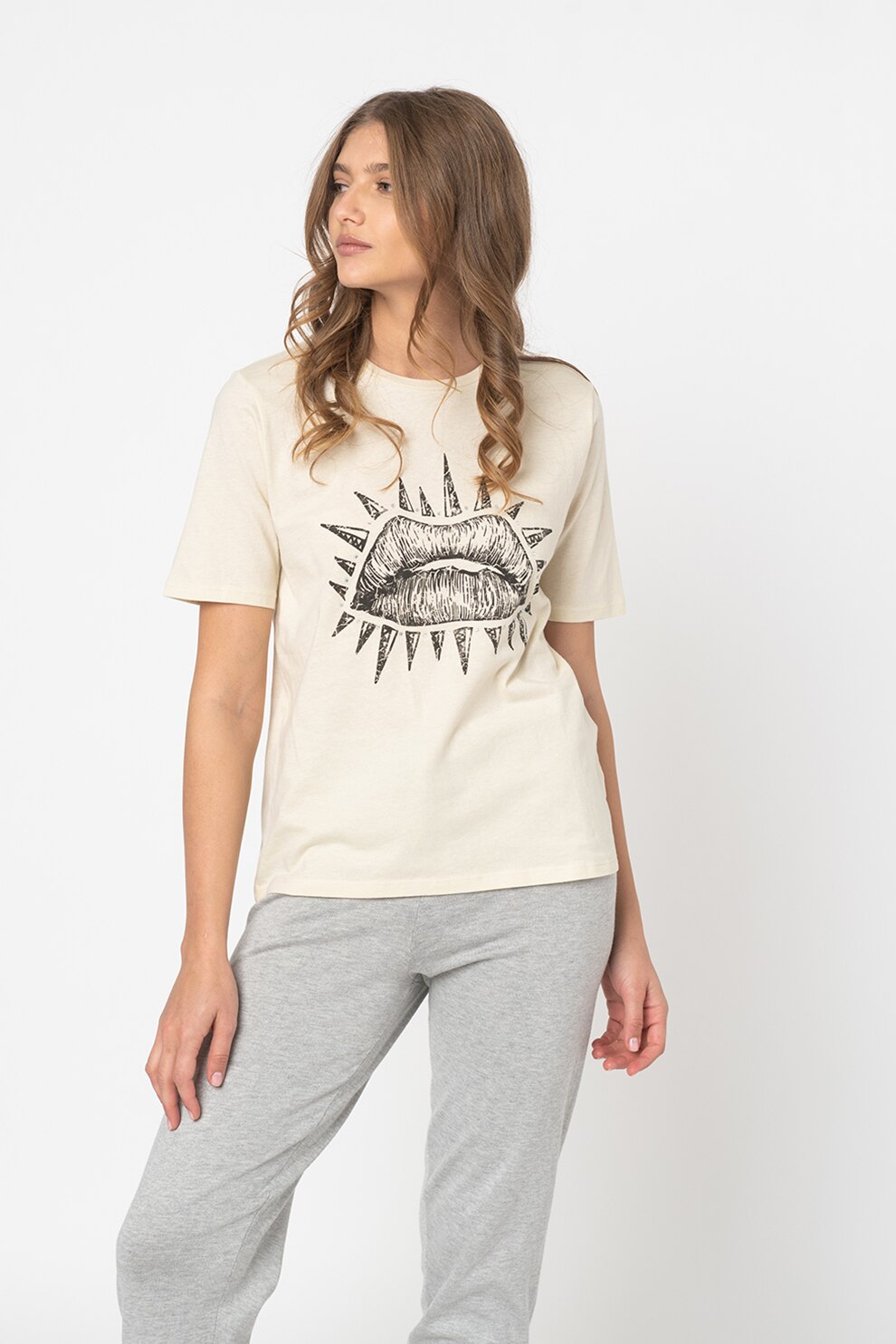 Only, Tricou cu imprimeu grafic Hailey, Alb prafuit/Gri inchis