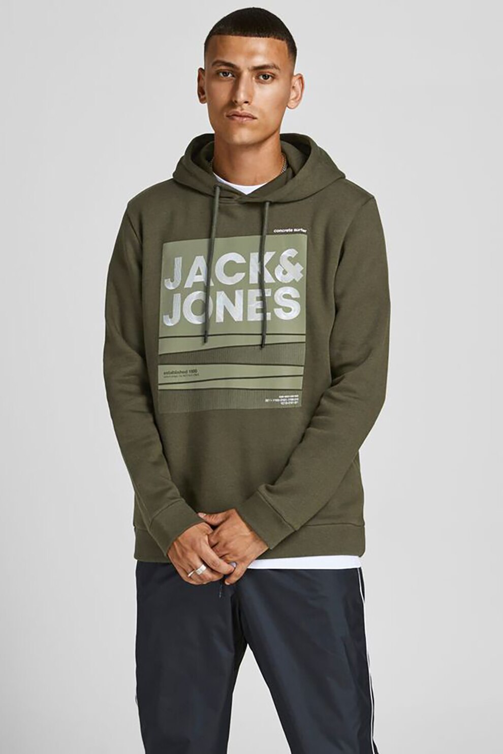 Jack&Jones, Hanorac cu imprimeu grafic si logo, Verde sparanghel/Verde feriga/Alb, XS