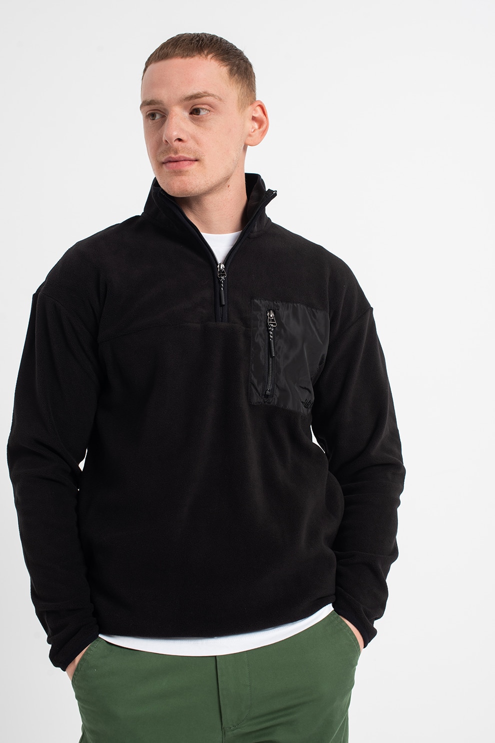Jack&Jones, Bluza sport de fleece cu buzunar pe piept, cu fermoar Aristo, Negru