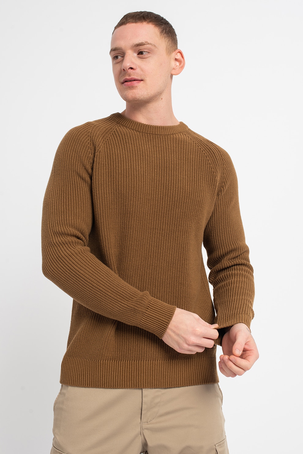 Selected Homme, Pulover de bumbac organic Irven, Maro camel