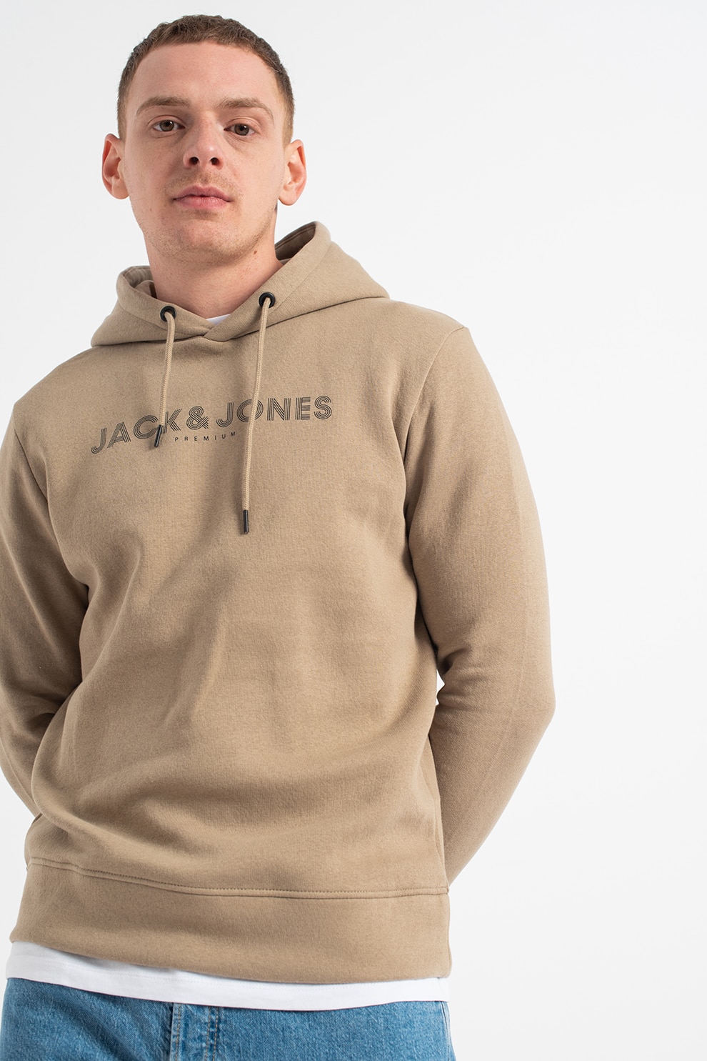 Jack&Jones, Hanorac cu imprimeu logo Booster, Bej inchis
