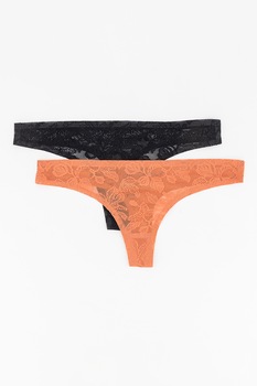 Only, Set de chiloti tanga din dantela - 2 perechi, Negru/Maro caramel Only, Set de chiloti tanga din dantela - 2 perechi, Negru/Maro caramel