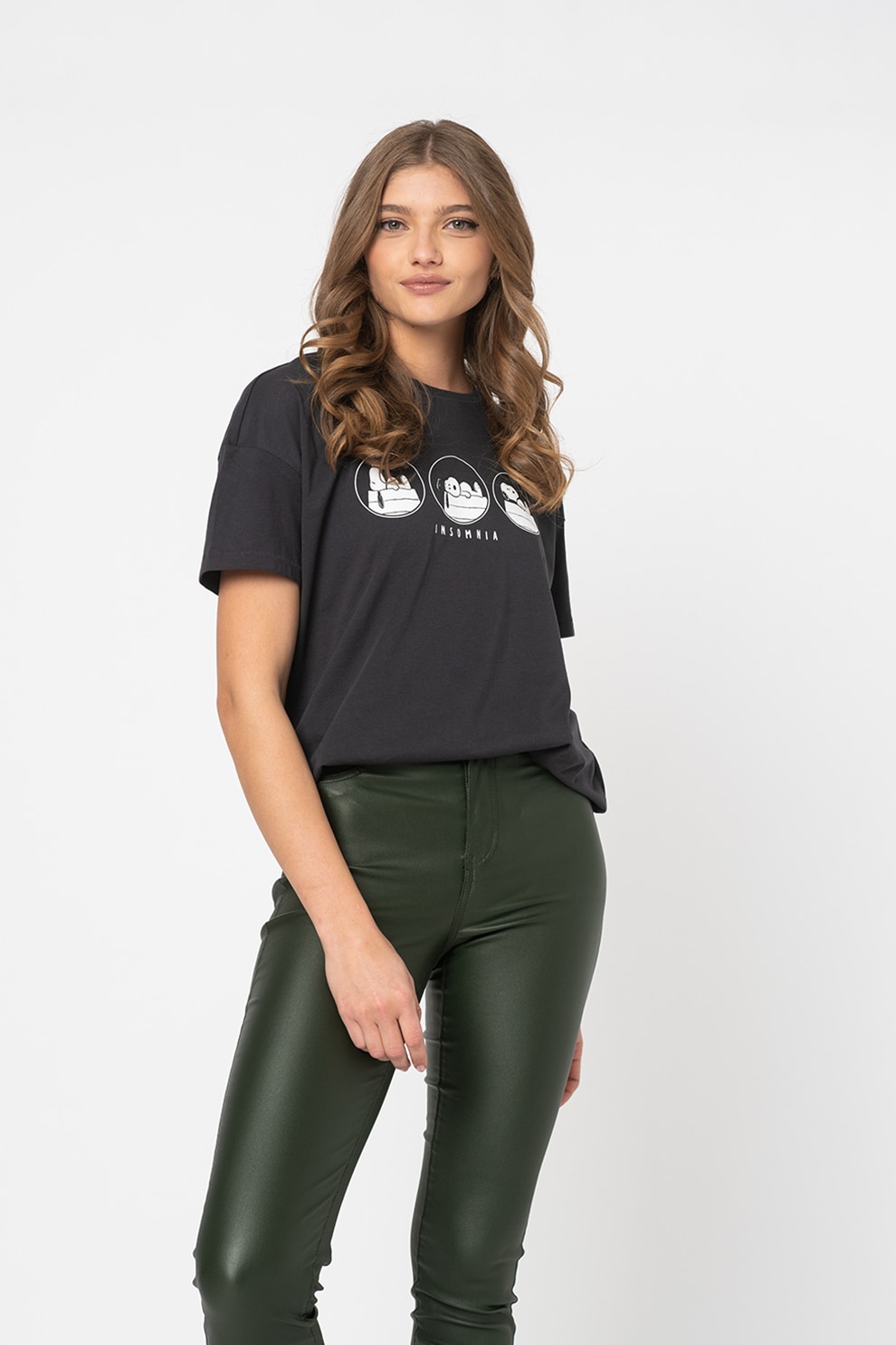 Only, Tricou cu impimeu Peanuts, Gri antracit/Alb