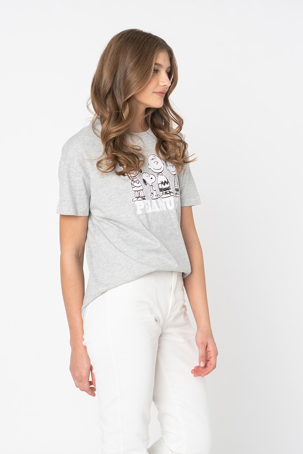 Only, Tricou cu impimeu Peanuts, Gri deschis melange/Alb