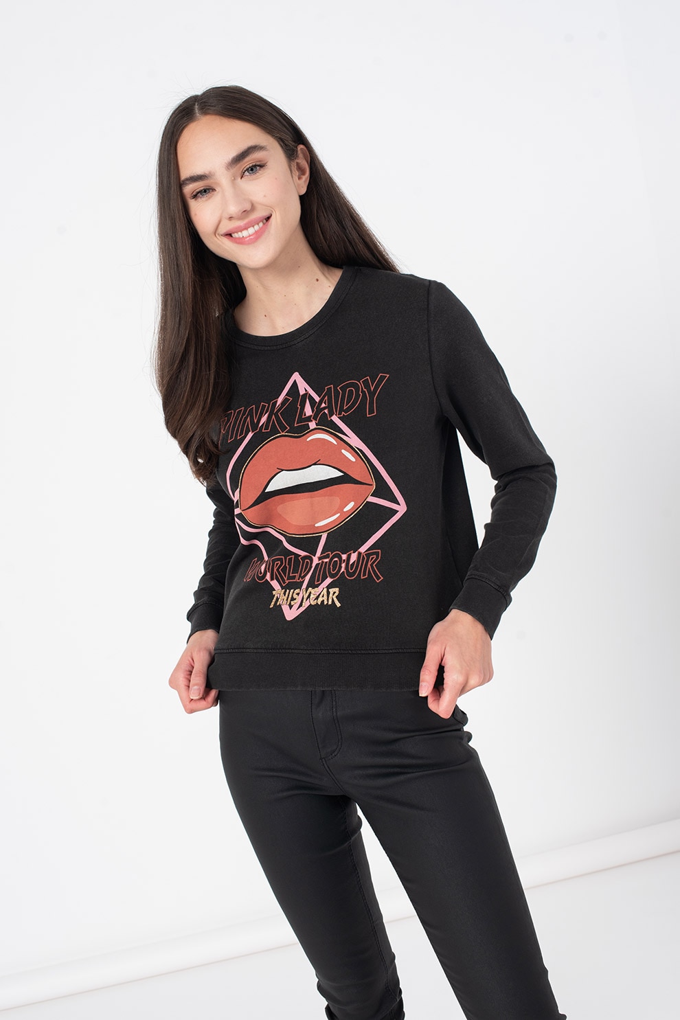 Only, Bluza din bumbac cu imprimeu grafic, Negru stins/Roz