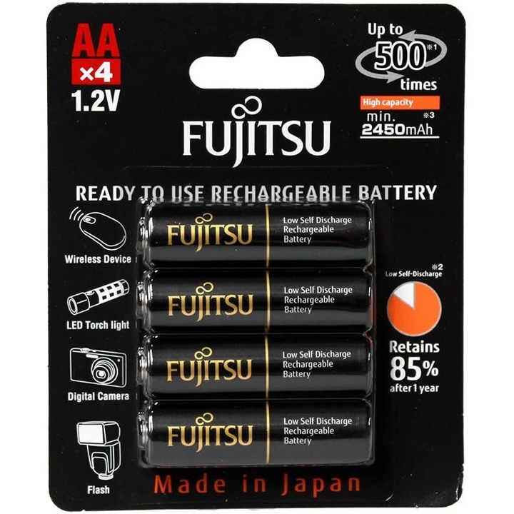 Fujitsu Újratölthetős Akkumulátorok - 4db AA előtöltött, újratölthető, nagy kapacitású akkumulátor 2450mAh