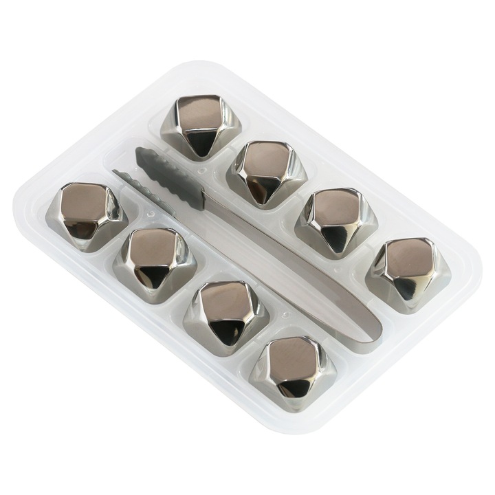 Set 8 Poligon amXea pentru racirea bauturilor, inox, reutilizabile, cleste, cutie depozitare