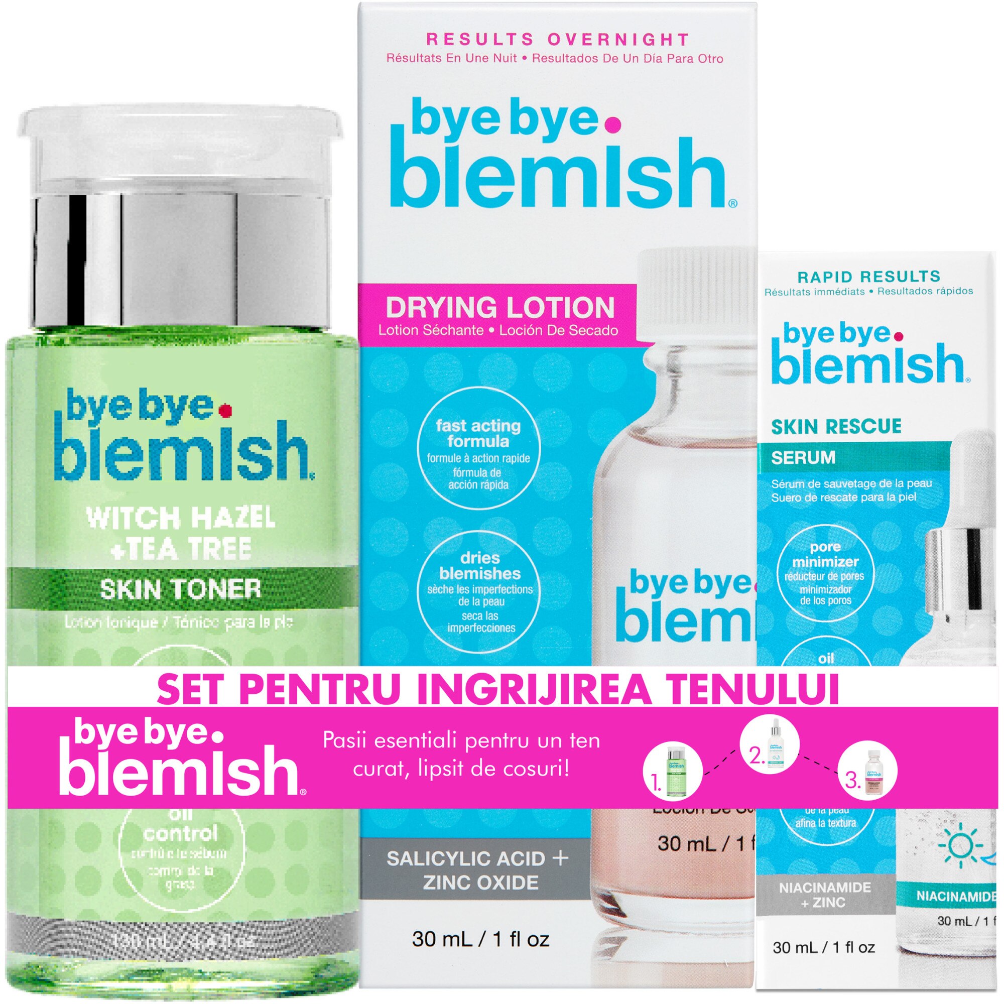 Pachet Promo Bye Bye Blemish pentru ingrijirea tenului: Lotiune tonica, 130 ml + Lotiune de uscare a cosurilor, 30 ml + Serum cu Niacinamide+Zinc, 30 ml