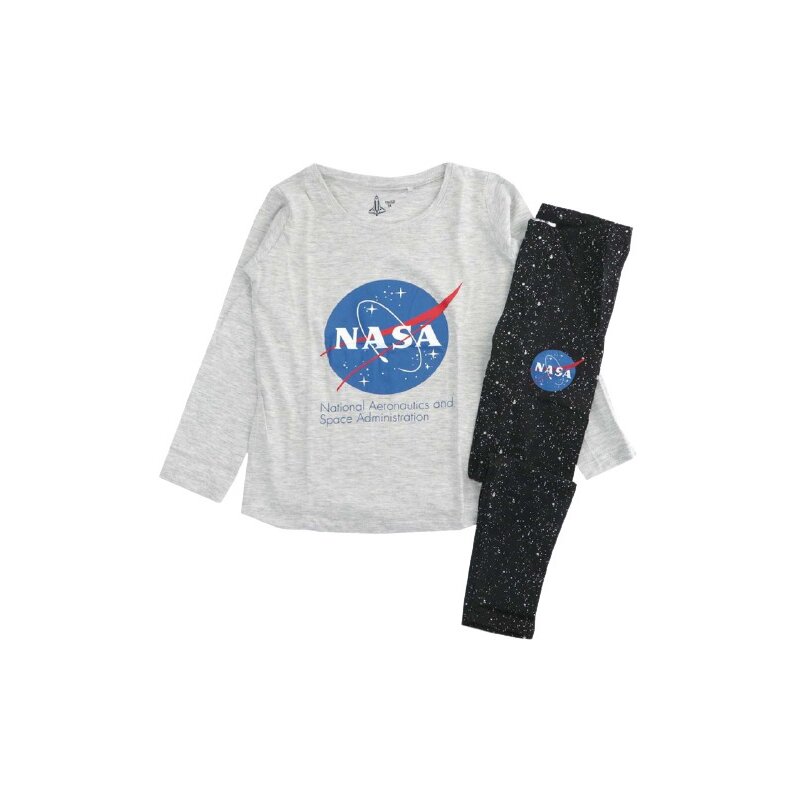 Pijama maneca lunga, bumbac, cu imprimeu, Nasa, gri