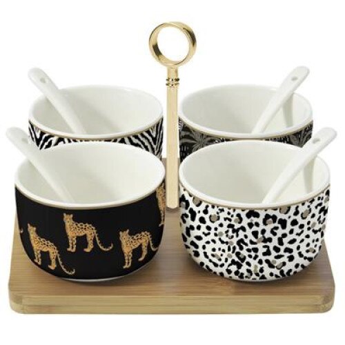 Set aperitive Leopard Easy Life, portelan, bambus, alb, negru, 17 x 17 cm