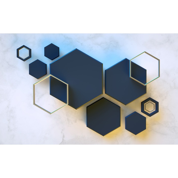 Fototapet 3D, Geometrie albastra cu elemente aurii, 150x 100 cm