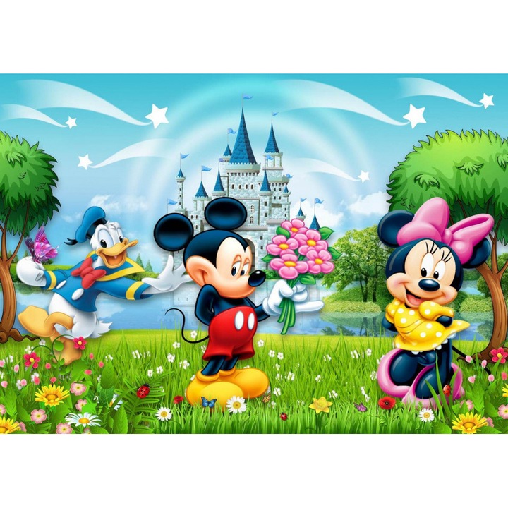 Fototapet pentru copii, Regatul lui Mickey Mouse, Minnie Mouse si Donald Duck, 150 cm x 100 cm