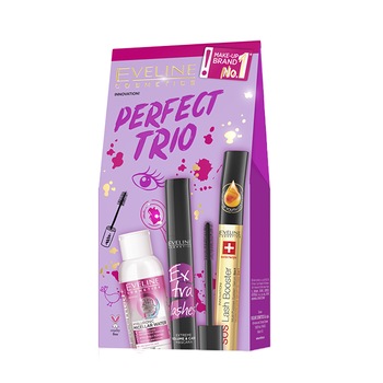 Pachet Eveline Perfect Trio, Extra Lashes Extreme Volume & Care Mascara, 12 ml, Apa micelara Eveline Hyaluronic 3 in 1, 100 ml, Tratament Cadere si Crestere Gene 5 in 1 SOS , 10 ml Pachet Eveline Perfect Trio, Extra Lashes Extreme Volume & Care Mascara, 12 ml, Apa micelara Eveline Hyaluronic 3 in 1, 100 ml, Tratament Cadere si Crestere Gene 5 in 1 SOS , 10 ml