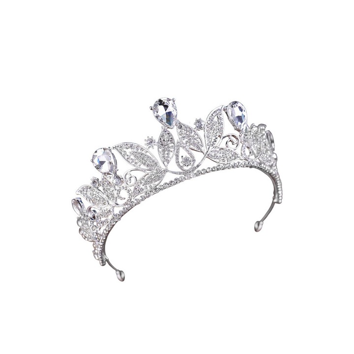 Tiara Queen Titania, frunze cu cristale rotunde si picaturi mari Argintiu