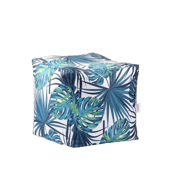 Pufrelax XL Kockaszék Fotel, trópusi levelek, nagy, nyomtatott, kültéri használatra alkalmas, polisztirol gyöngyökkel töltve