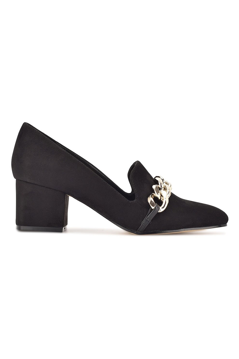 NINE WEST, Pantofi loafer de piele intoarsa sintetica cu toc Remal, Negru/Auriu deschis