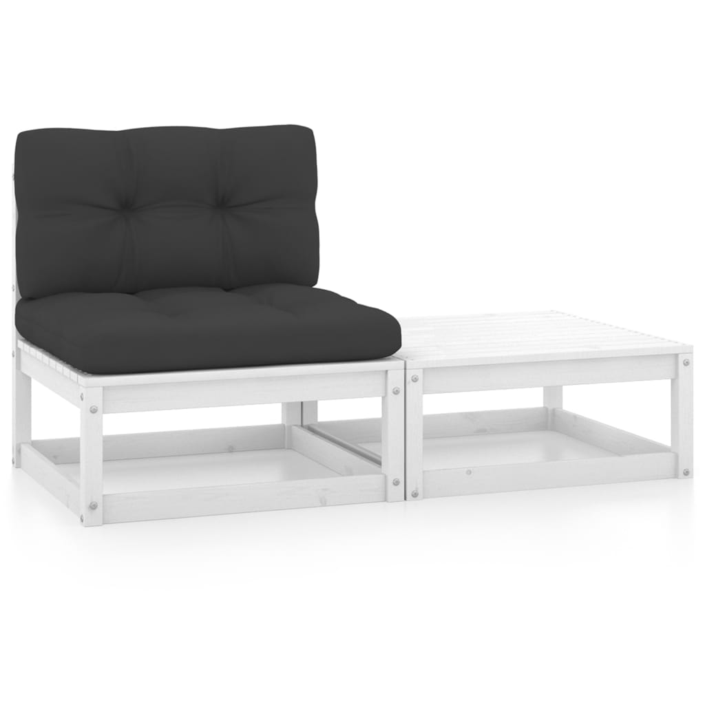 Set canapea de mijloc cu perna si taburet pentru gradina vidaXL, Lemn, 70 x 70 x 67 cm, Alb/Antracit