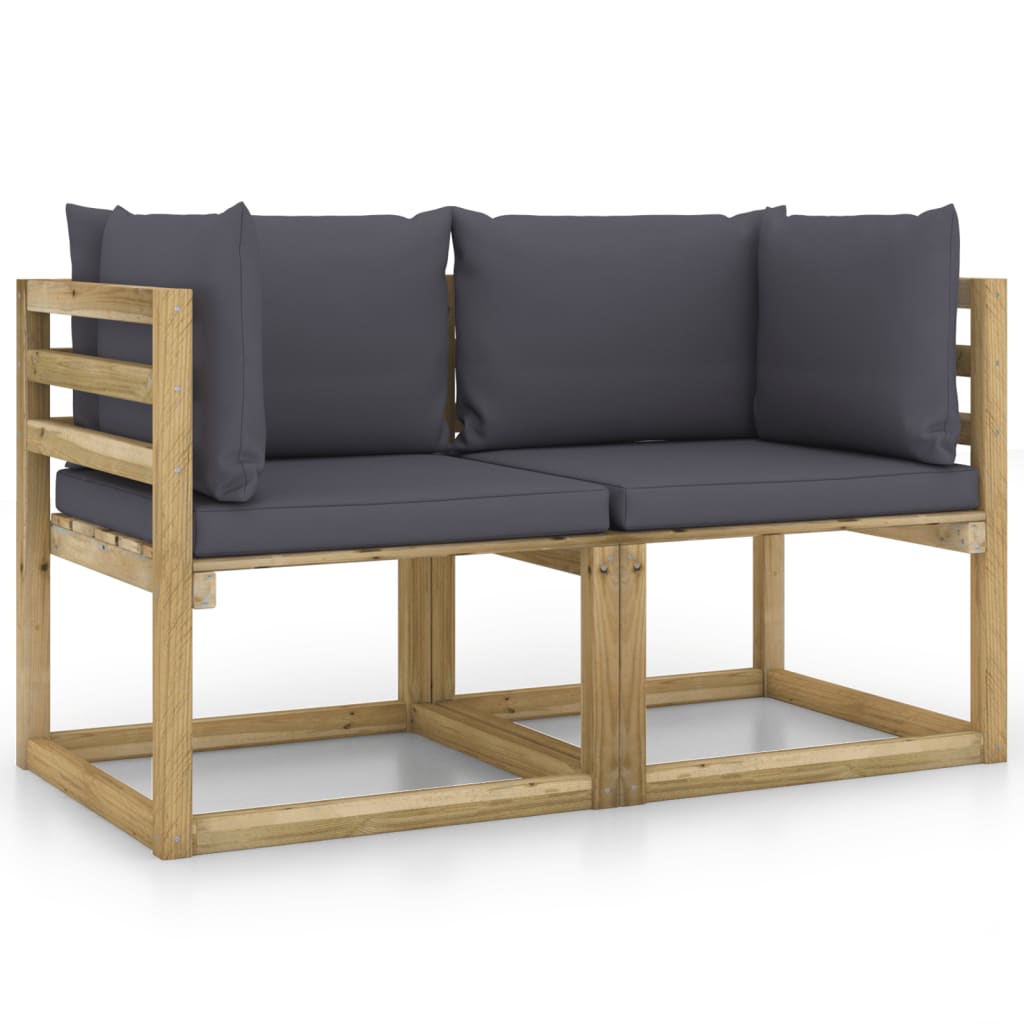 Set de 2 canapele coltar pentru gradina cu perne vidaXL, Lemn, 64 x 64 x 70 cm, Maro/Antracit