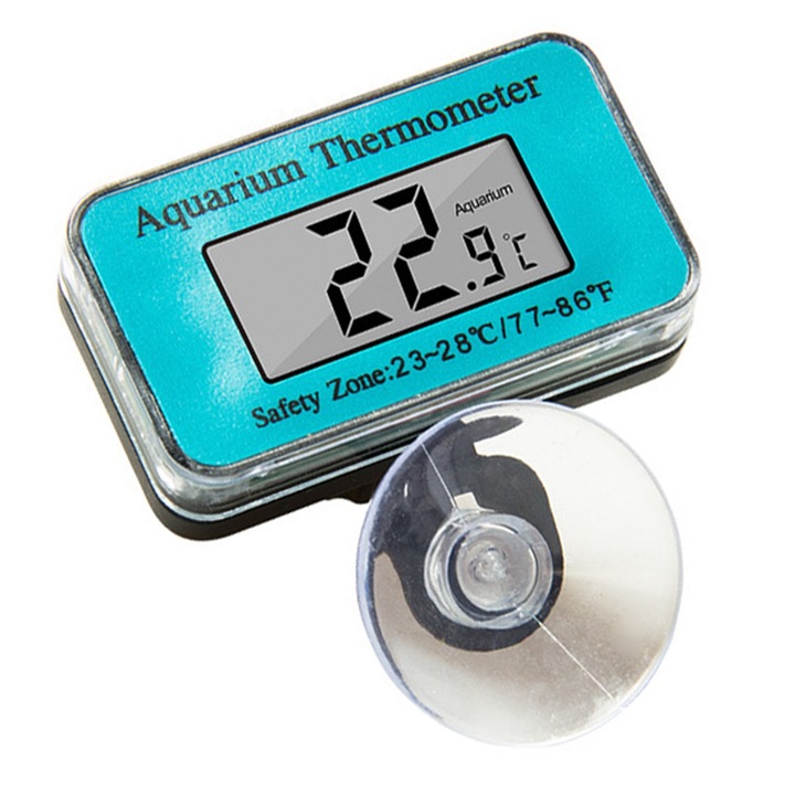 Termometru digital pentru acvariu, Zola®, rezistent la apa, cu ecran LCD, ventuza, interval temperatura -50/+70*C, alimentare baterie LR44