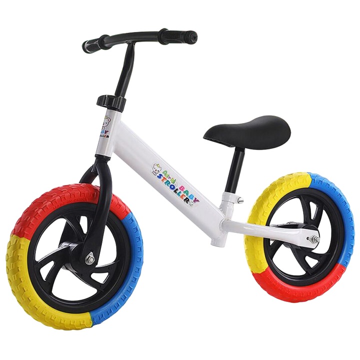 Bicicleta de echilibru fara pedale, pentru copii intre 2 si 5 ani, Alba cu roti in 3 culori